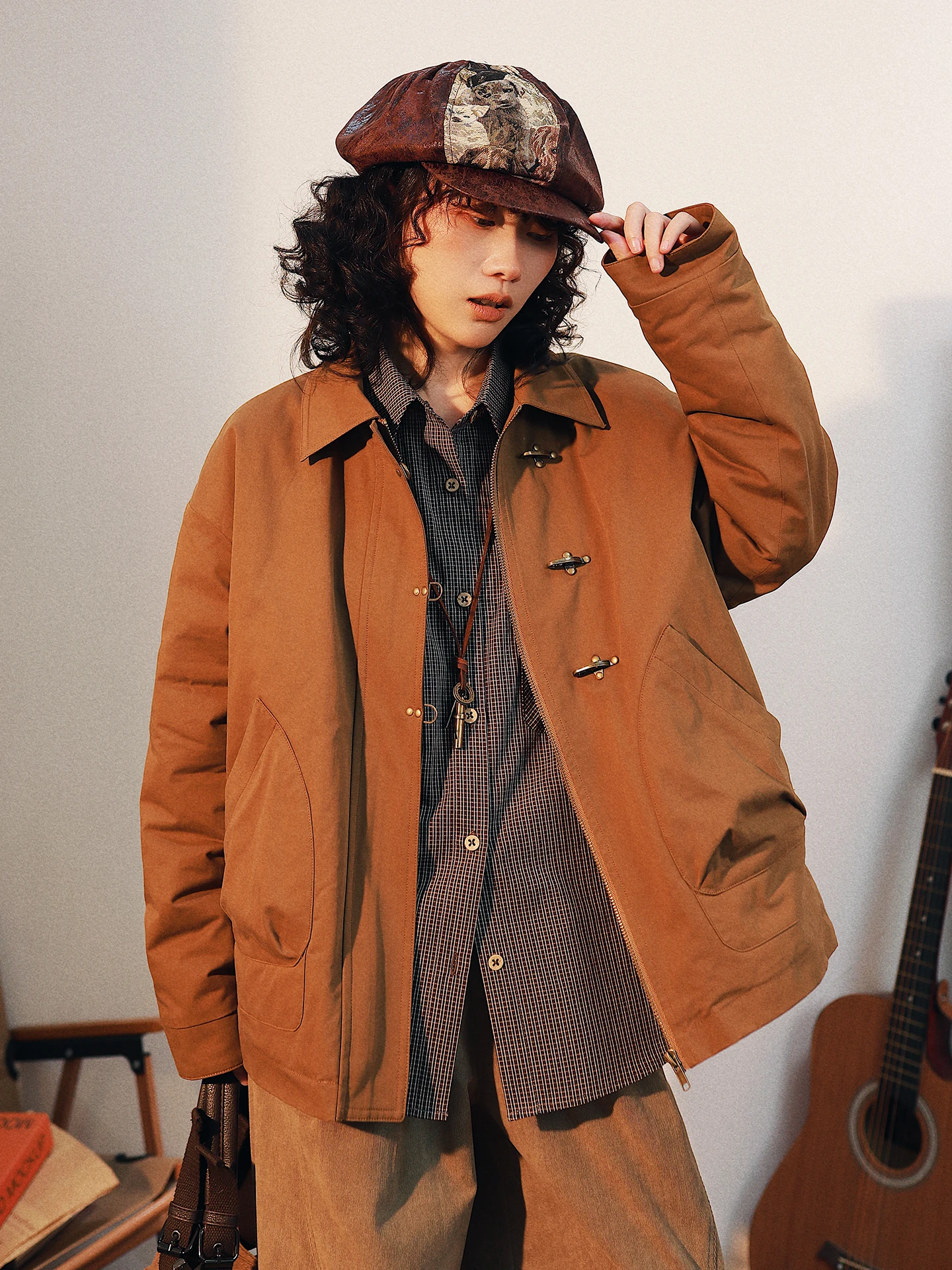 

Retro Design Cotton Jaet Women's Winter Aircrt Button Clamp Cotton Coat AITA STU Commute Loose Fit Long Sve Zipper