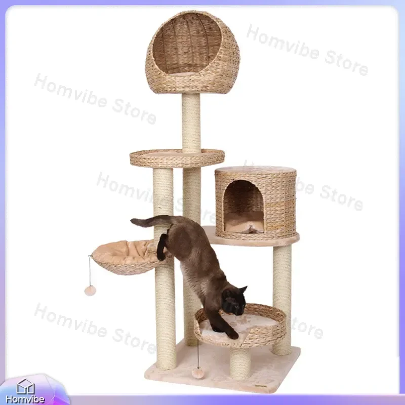 Cat Tree Tower with Sisal Scratching Post Multi Level Cat Climbing Frame Wooden Jumping Platform Condo Furniture Toy for