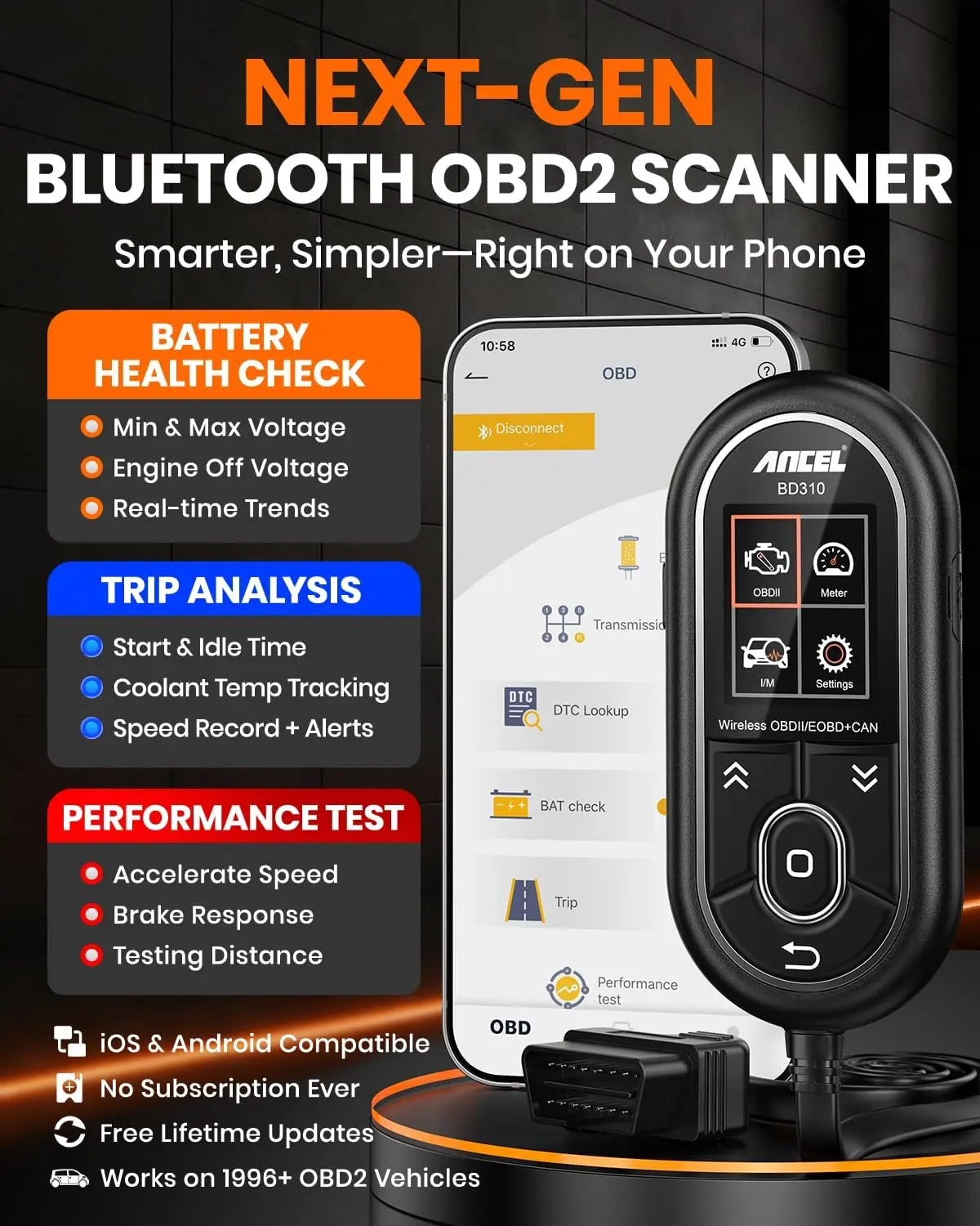 الماسح الضوئي BD310 Obd2 مع اختبار البطارية، تحليل الرحلات، بلوتوث لنظام Android وiPhone - يعمل مع جميع المركبات في عام 1996+ #3