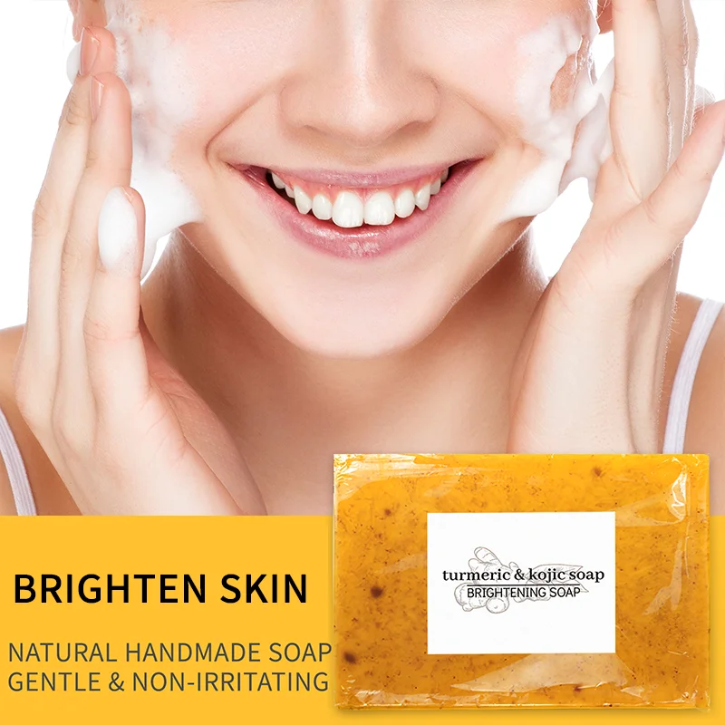 100 جرام من صابون الكركم وحمض الكوجيك لتبييض البقع الداكنة والترطيب العميق والتحكم في الزيت وغسول الجسم بالزنجبيل