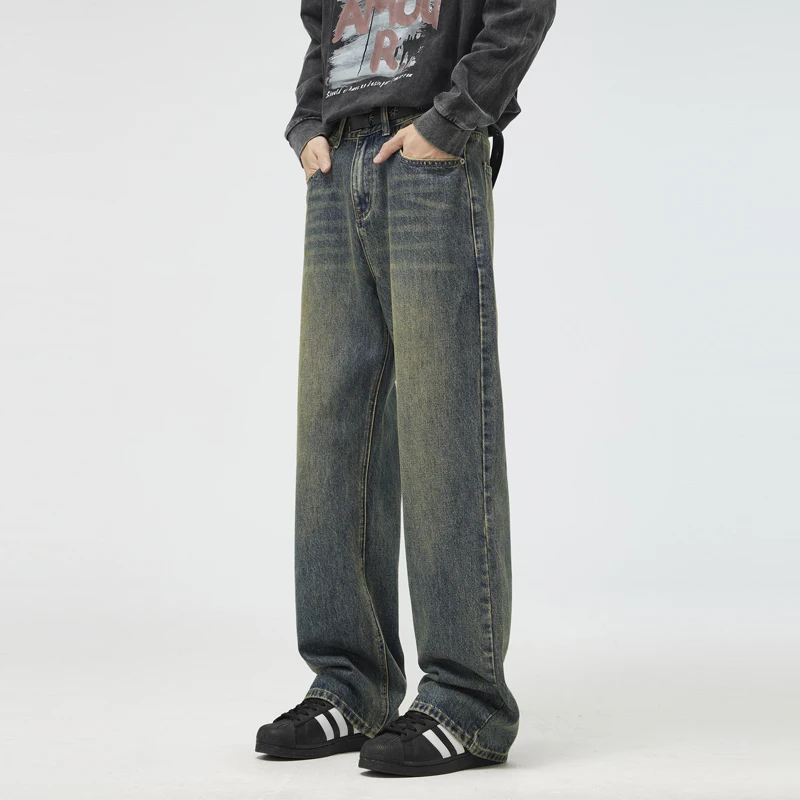 

Men Jeans Vintage American Style Men Straight-Leg Slimming Long Jeans Ripped Jeans Fall Guy Wide Leg Washing Denim Pants Bootcut