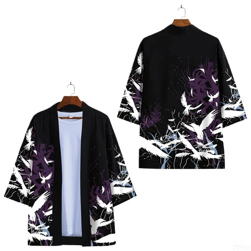 Summer Taoist Robe for Men, Loose and Trendy, Printed Cape with Cross Shore Flower, Thin Jacket, Half Sleeved Cardigan Top