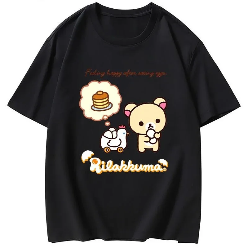 

Rilakkuma Black Tshirt Feeling Happy After Eating Eggs Graphic Kiiroitori on Cart with Stacked Pancakes Cute Bear Holding White