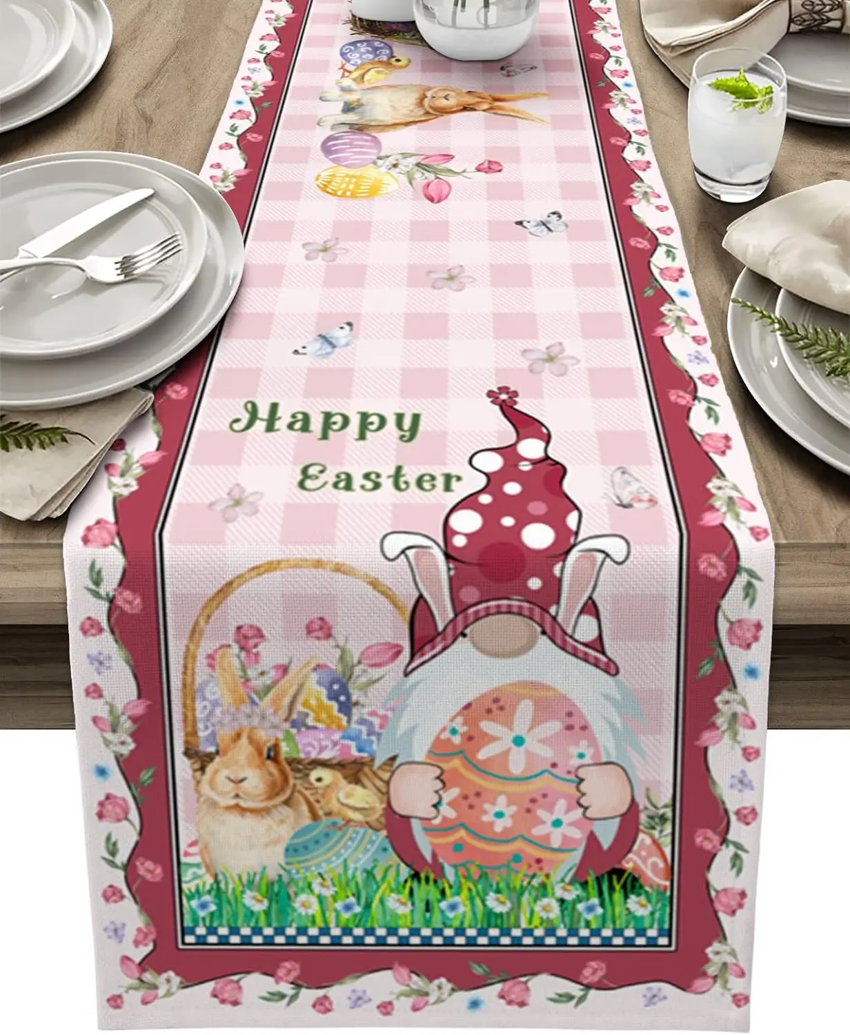 

Easter Gnome Bunny Eggs Linen Table Runners Dresser Scarves Table Decor Spring Tulip Dining Table Runners Easter Decorations