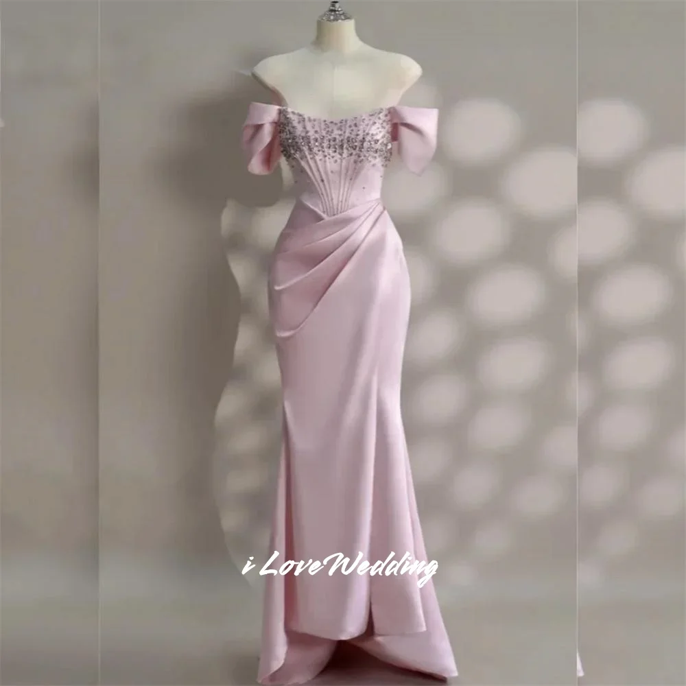 

Pink Strapless Evening Dress 2025 Satin Off Shoulder Crystal Mermaid Floor-Length Pleat Prom Dress Wedding Party Dress Customize