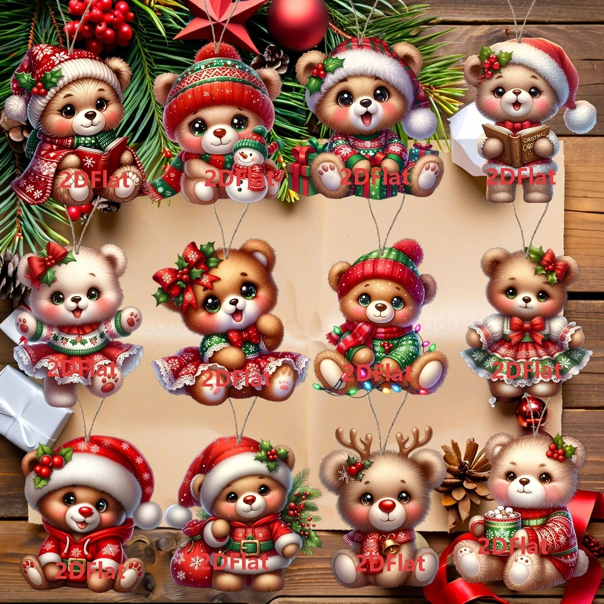 12 piezas - Adornos colgantes decorativos de osito de peluche de estilo navideño (producto plano de madera 2D) Decoraciones colgantes para arreglo de árbol de Navidad y decoración de fiestas