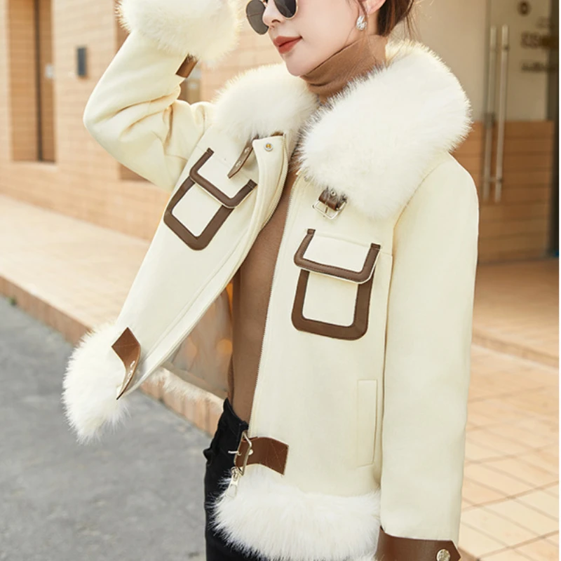 Winter Down Coats Jacket for Women Patchwork Sweet Luxury High-end Outerwears Large Fur Collar Thick Warm Snow Short Down Jacket