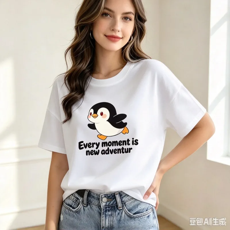 Women Penguin T-Shirt Every Moment Is New Adventur Print Top Modal Casual Cute Animal Daily Gift Funny Travel Adventure Tee