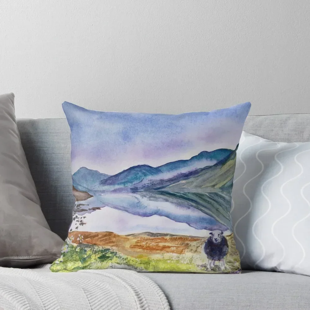 

Langdale reflections: Watercolour painting of Wastwater Throw Pillow Marble Cushion Cover pillow