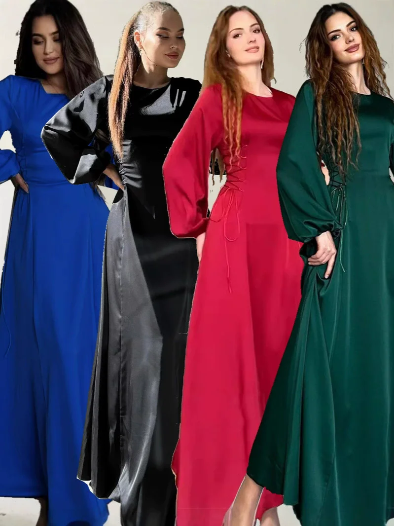 

Middle East Dubai Robe Robe Ramadan Moroccan Women's Solid Color Satin Long Dress Muslim Luxury Fashion Autumn New Collection