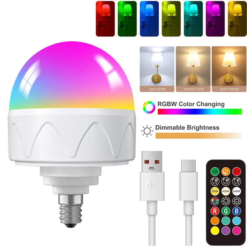 Rechargeable Electromagnetic Light Bulb E12, Dimmable With 3 Color Temperatures+RGB Color, Detachable, Suitable For Wall Lamps