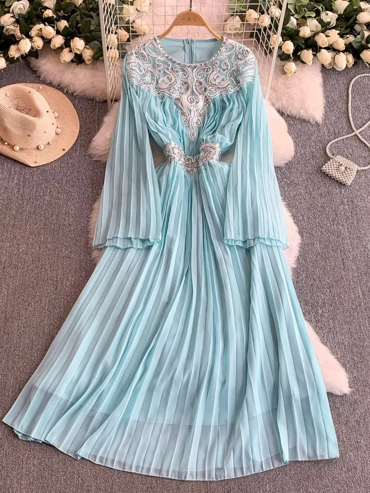 Elegant Dress Women Chiffon Long Skirts Summer Luxury Lace Crystal Bead Sleeve Flower Belt Prom Evening Formal Dresses Autumn