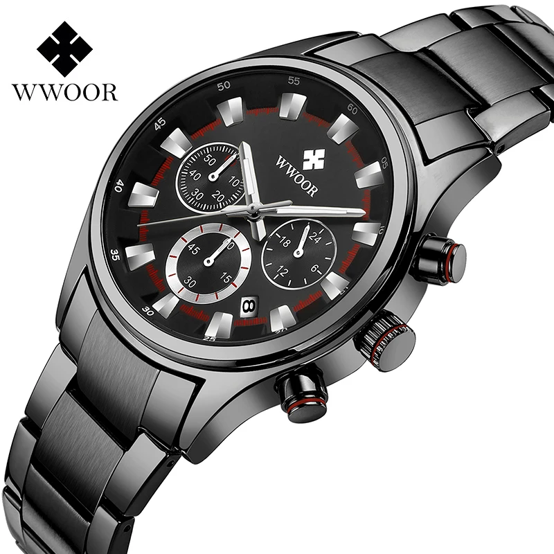 2024 Fashion Wwoor Luxury Military Waterproof Luminous Date Chronograph Sport Quartz Full Stainless Steel Men's Business Watches