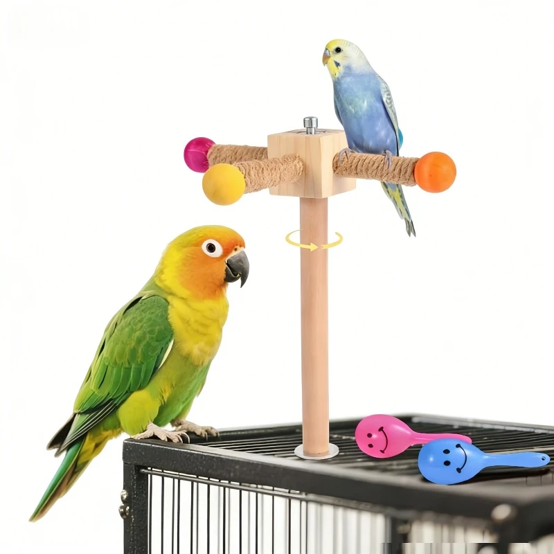 

Rotating Bird Perch Parrot Stand Toy with Colorful Balls, Natural Wood Cage Accessory for Small to Medium Parrots