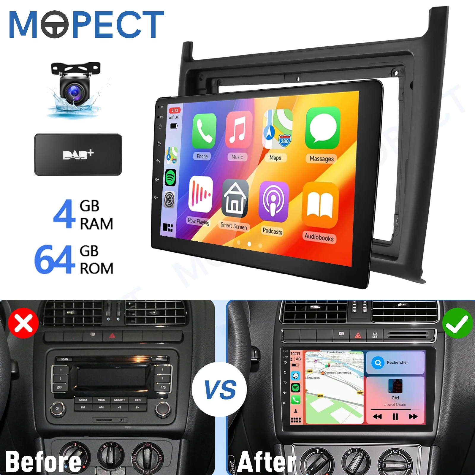 9 inch Android 15.0 autoradio 4+64GB voor VW Polo 6R 6C V 2009-2017 Apple CarPlay IPS touchscreen GPS navigatie FM/AM SWC Bluetooth