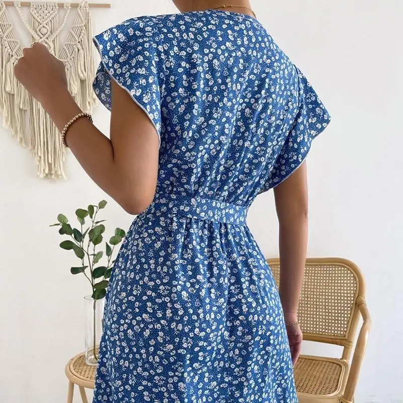 

L38E Женское струящееся платье миди с короткими рукавами и v-образным вырезом в стиле бохо с цветочным принтом и поясом