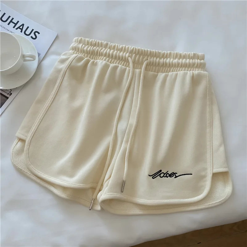 New Women Summer Short Pants Embroidery Letters Drawstrings Elastic Waistband High Waist Shorts Ladies Short Tight Trousers