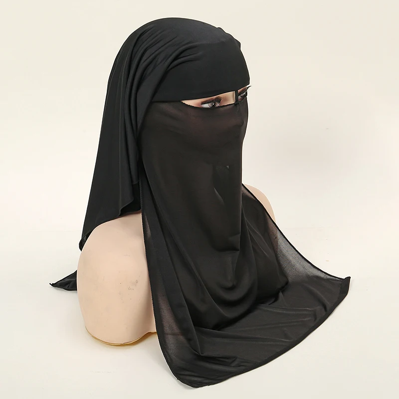 Czarny nikab Pokrowiec na twarz dla kobiet Muzułmański hidżab 3-warstwowy modlitwa Khimar Niqab Moda Pełna twarz Opaska na głowę Szalik 63 * 54 cm