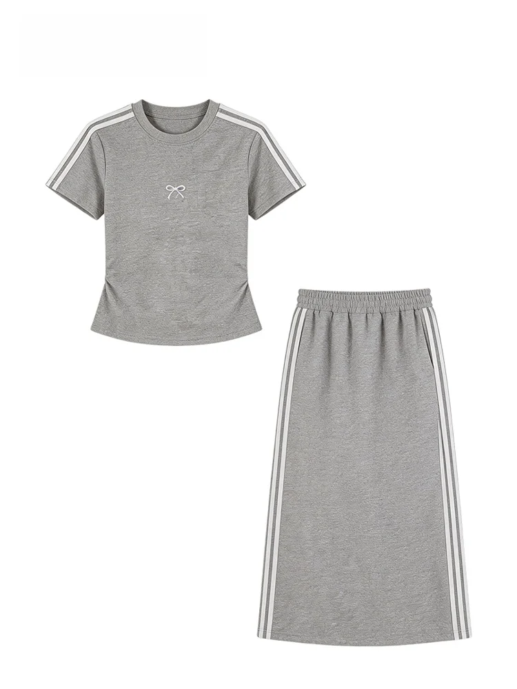 

plus Size Casual Summer Fashion T-Shirt Skirt Set Women's Short Sleeve Top Bottom Ensemble Knot Embellished Polyester