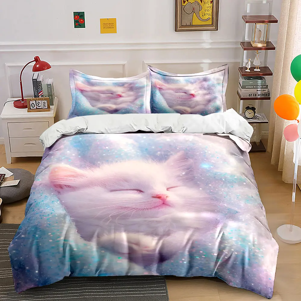 

White kitten sleeping in sparkly blanket Pattern Duvet Cover Set Digital Print Colorful Polyester Bedding with Zipper Closur