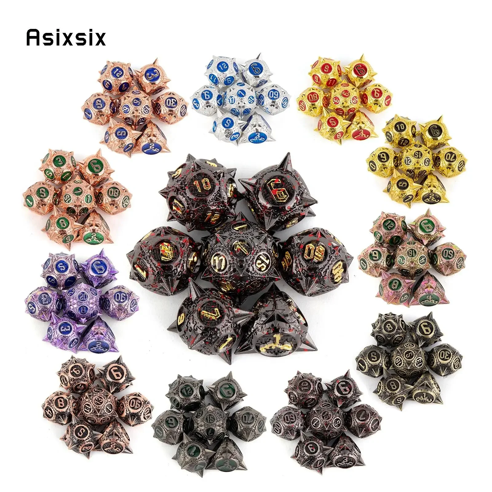 

7 Pcs All Kinds of Color Meteor Hammer Metal Dice Solid Metal Polyhedral Dice Set Suitable for Role-Playing RPG Board Game