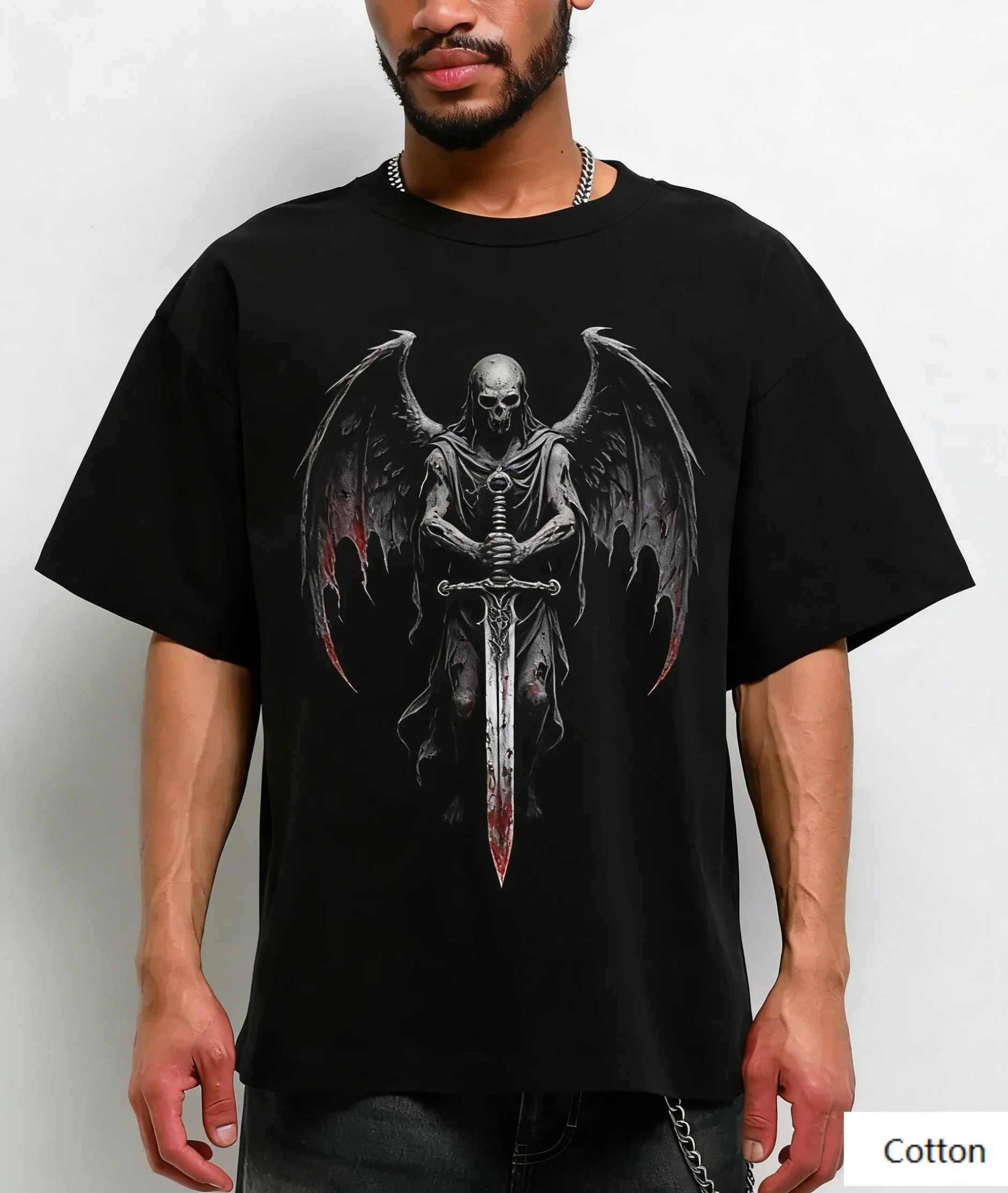 Rebellious Dark Angel Reaper Graphic Cotton T-Shirt Neutral Fit Gothic Metal Art Comfortable Short Sleeve Tee