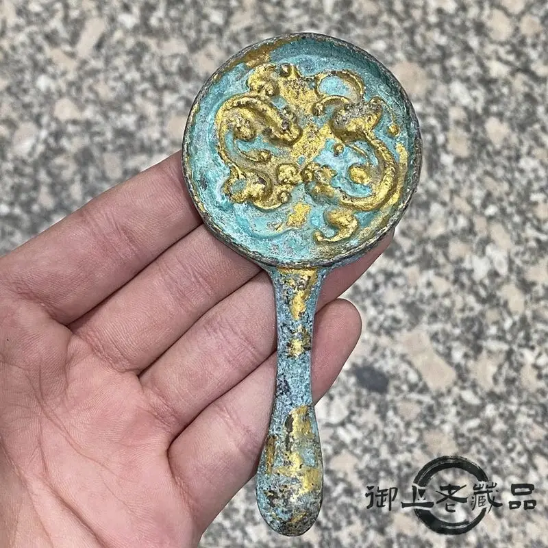Green gilt double vermicular dragon mirror green rust round mirror handle