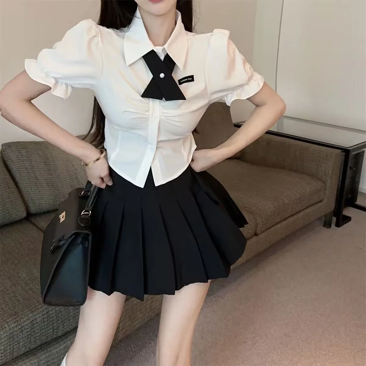 Women Basic Uniform Set Summer White Blouse Puff Sleeve Mini Pleated Skirt Black Girdle Waist Slim Shirt Girls JK School Uniform