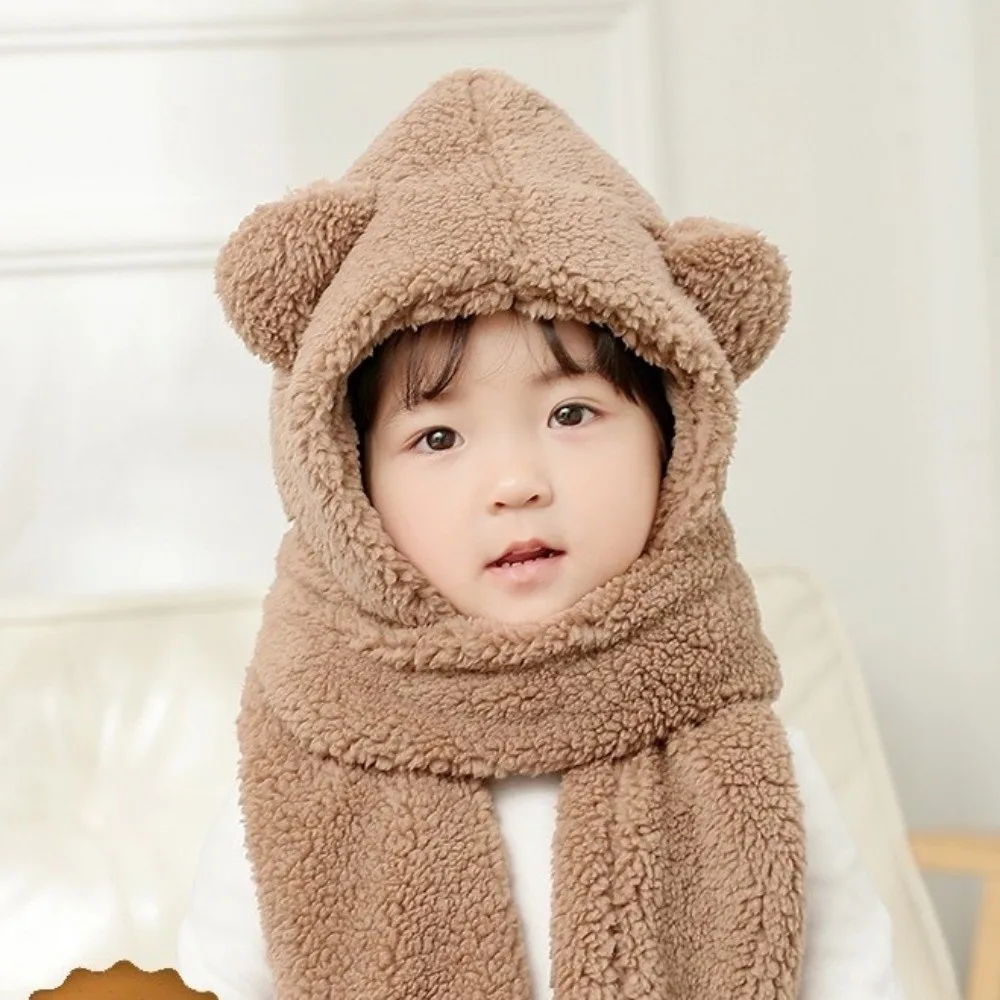 Cute Cartoon Bear Hat Scarf Set Thickened Warm Windproof Children Pullover Cap Solid Color Fleece Balaclava Hat