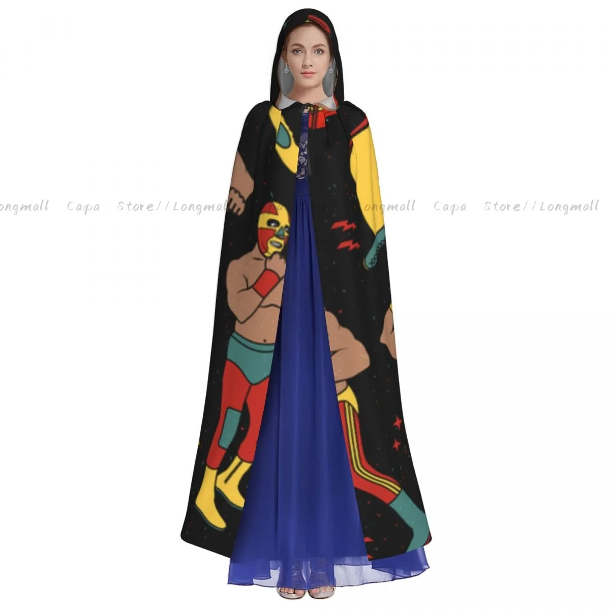 Adult Vampire Cape Hooded Robe Mexican Wrestler Night Halloween Cloak Full Length Cosplay