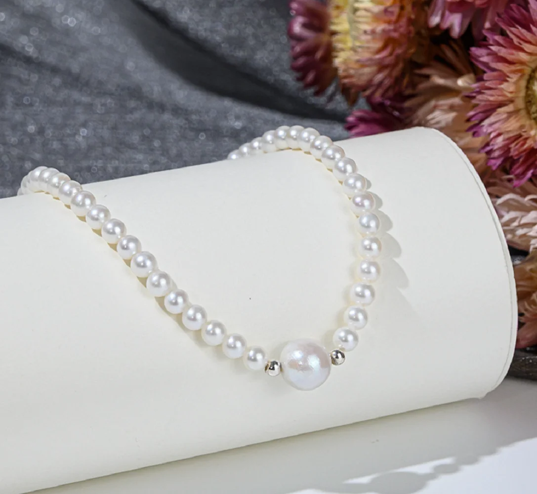Natural Pearl Necklace AAAA4+8mm/Akoya Pearl Necklace 18in/925s