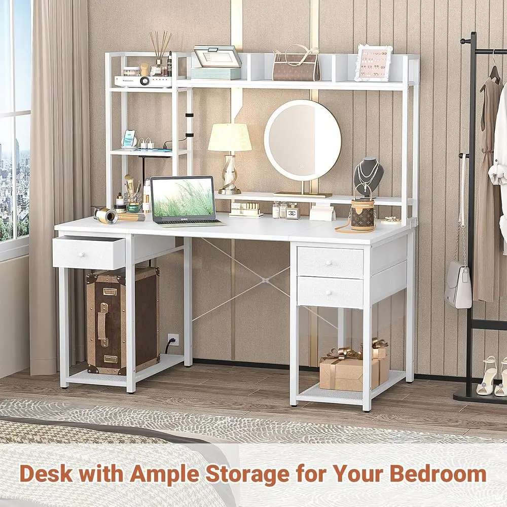 LED-lit Outlets Gaming Desk with Hutch, 47.2 Storage Drawer Computer Desk, Reversible Large Workstation Desk with Bookshelf for