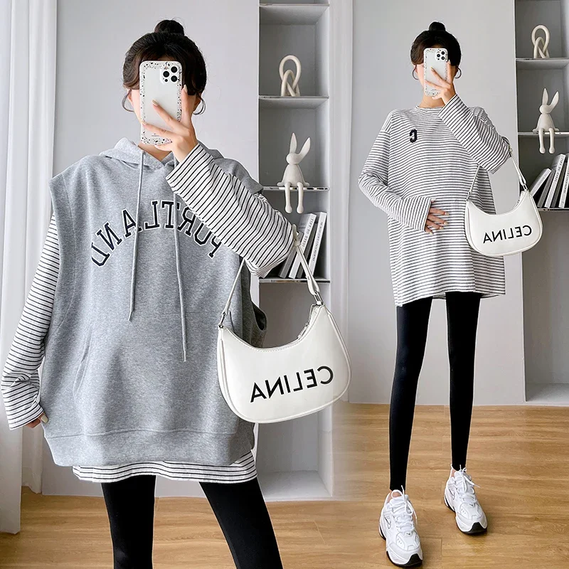 567# Two Pieces Sets Autumn Korean Fashion Maternity Vest Hoodies Striped Tees Suits Sweatshirt Clothes for Pregnant Women Coats