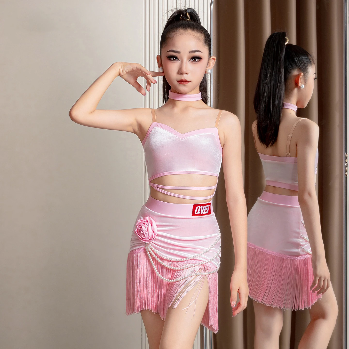 New Girls Latin Dance Costumes Kids Rumba Latin Dance Clothing Velvet Top Tassels Skirts Children Latin Dance Wear DW10931