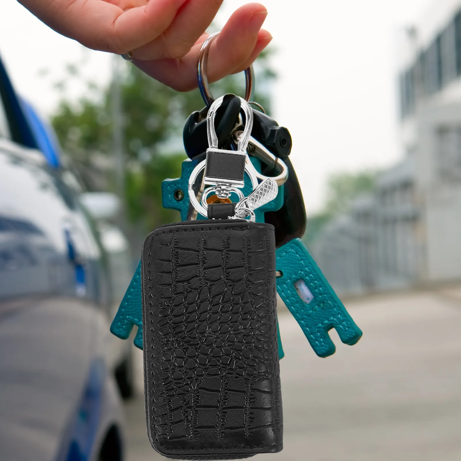 Portable Car Key Bag Zipper Crocodile Pattern Small Key Fob Case Pouch Organizer Protector Keychain Bag Car Fob Pouch
