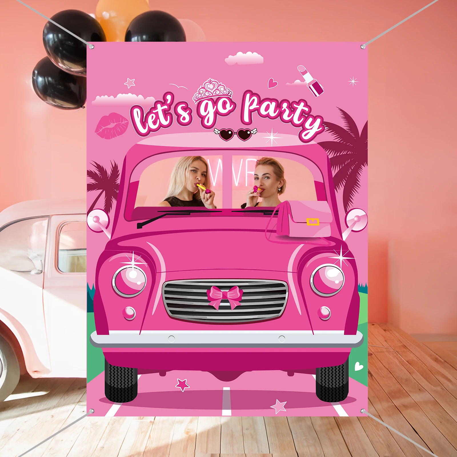 Hot Pink Girls Photo Booth Props Banner Let\'s Go Party Decorations Princess Doll Photo Door Banner Pink Car Face Photo Backdrop