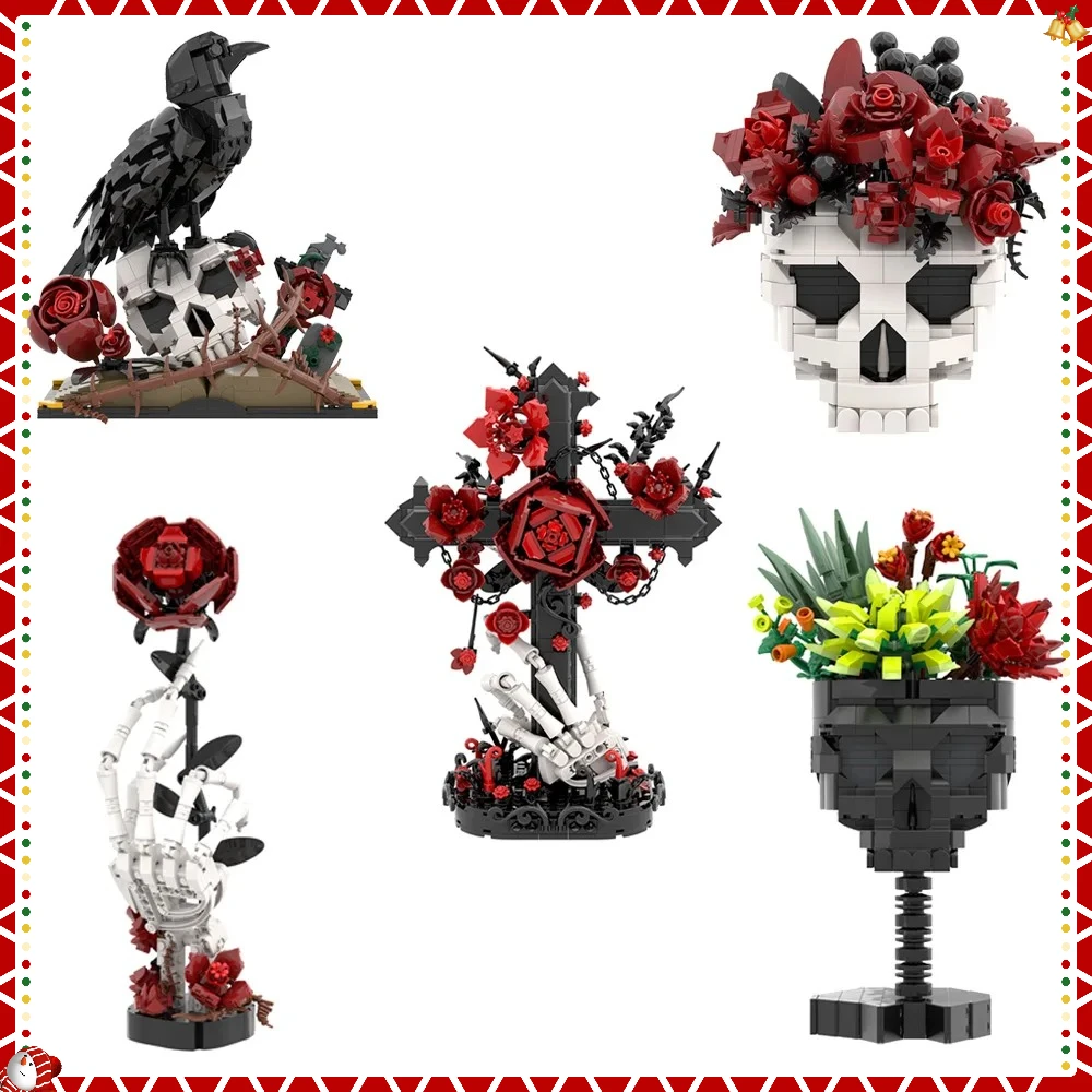 

Gobricks MOC Skull Roses Bouquet Bricks Model Gothic Crow Skull Flowers Decorate Building Blocks Gothic Cross Assembly Toys Gift