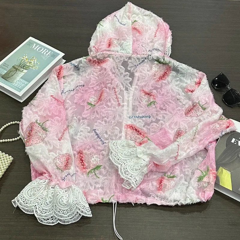 2025 Summer New Tassel Heavy Industry Hot Diamond Strawberry Long Sleeve Fashion Casual Style Shirt Top Hooded Shirt For Women