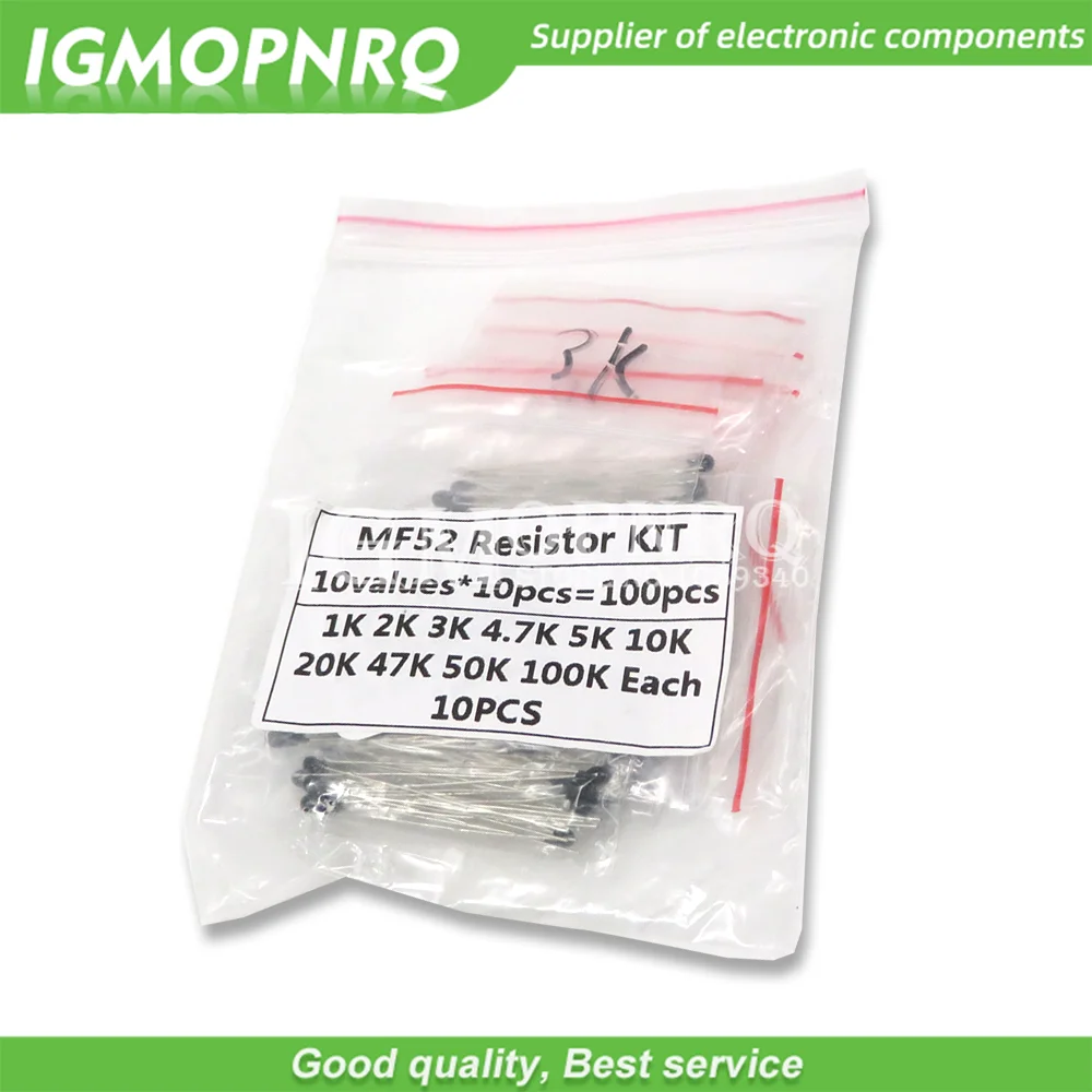 

100PCS=10value*10pcs NTC Thermistor Resistor Kit NTC-MF52AT 1K 2K 3K 4.7K 5K 10K 20K 47K 50K 100K +-5% 3950B