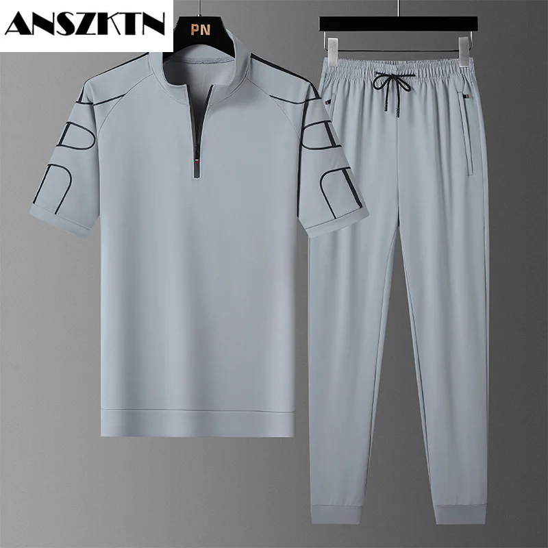 ANSZKTN Summer new men's ice silk sports trend short sleeve pants casual lovers large size suit T-shirt