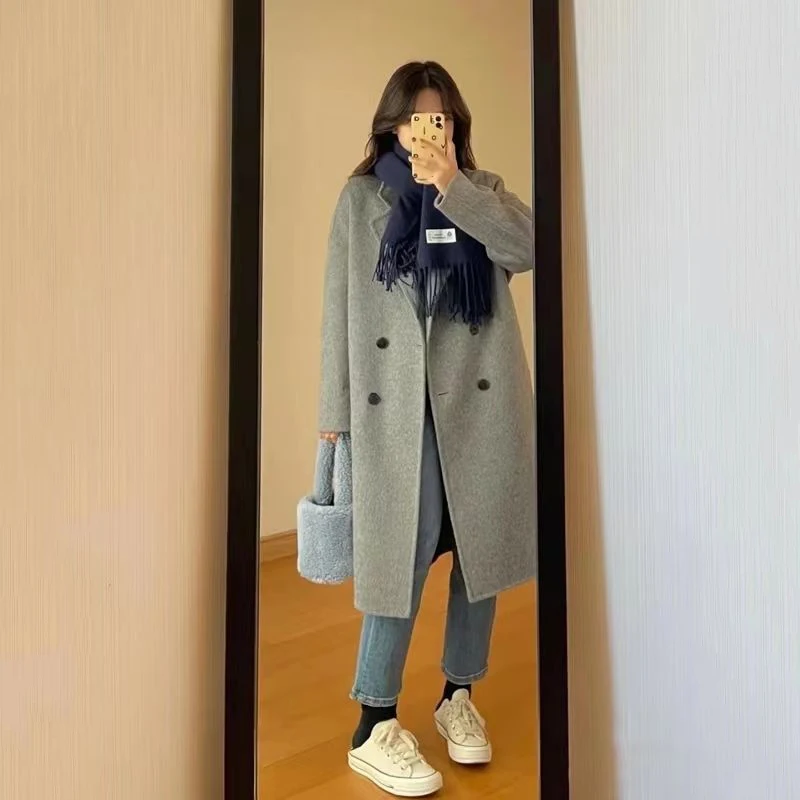 Lapel Windproof Warm Jacket Overcoat for Autumn Winter Women Loose Jacket Stylish Women's Double-breasted Mid Length Trench Coat