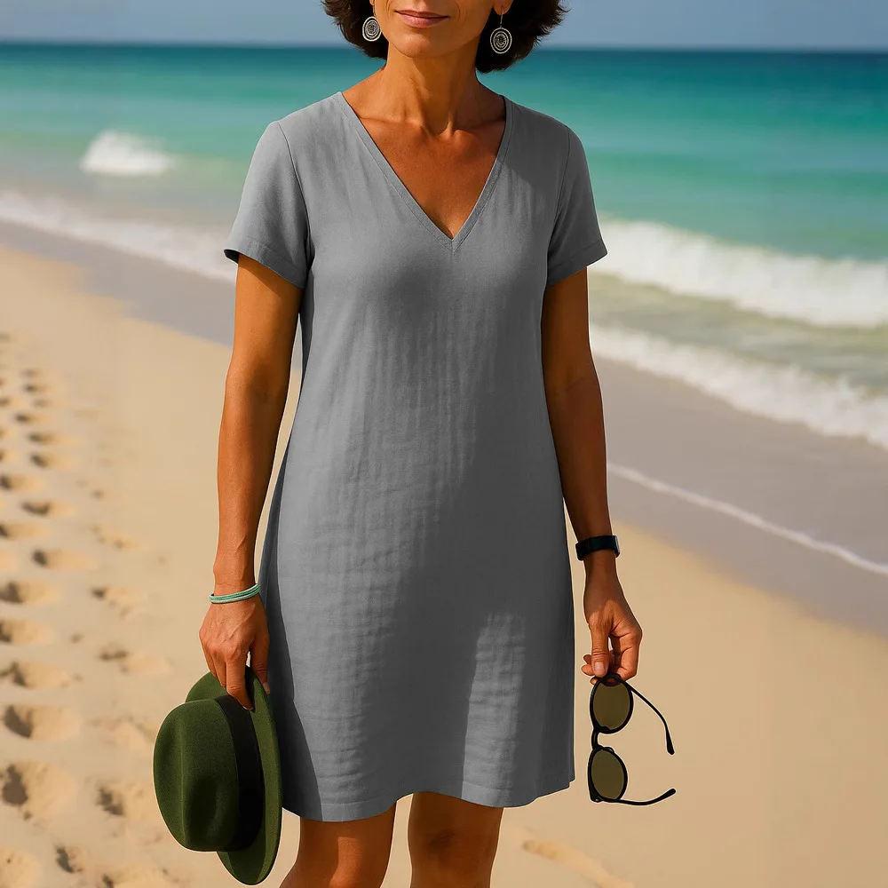 Summer Dress Woman V Neck Short Sleeve Solid Color Flowy Beach Midi Dress Vintage Boho Casual Cotton Linen Dress