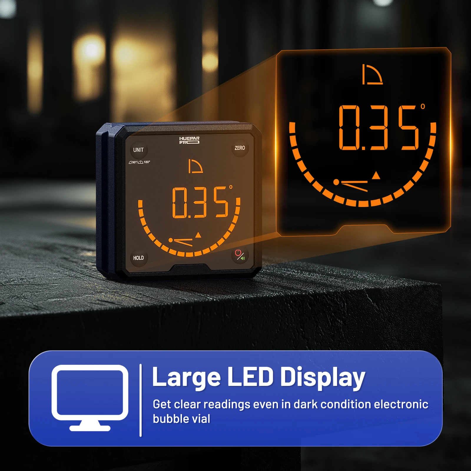 Huepar PRO Angle Finder Pengukur Level Digital Dengan 360 °   Pengukur Putar Otomatis & Basis Magnetik Untuk Pengerjaan Kayu, Mesin DAG01