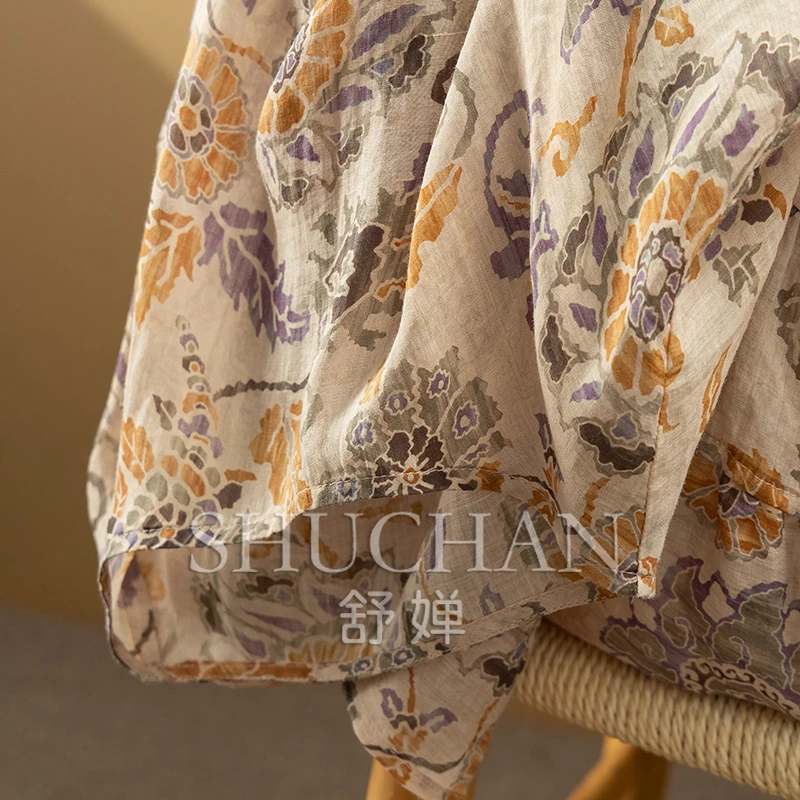 New Flower High Quality 100 Ramie Patchwork Pleated Seven-quarter Sleeve Shirt  Women 9W42