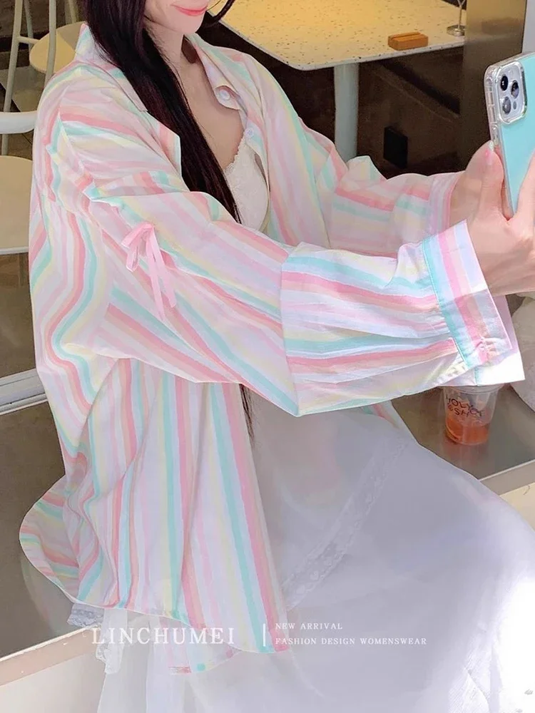 Zoki قوس قزح مخطط قميص المرأة عادية فضفاض الحلو الكورية بلوزة خمر كم طويل أنيق لطيف القوس سيدة الربيع الصيف القمم #6