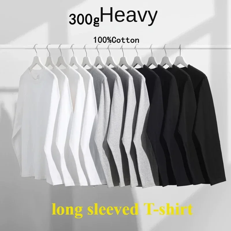 Spring Autumn Heavy Weight Cotton 300g Long-sleeved T-shirt Korean Men and Women Loose Sweater White Bottoming Shirt Top