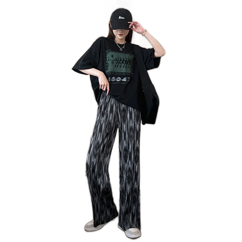 ارتفاع الخصر السراويل واسعة الساق المرأة الصيف رقيقة مستقيم فضفاض عادية الحرير الجليد مصبوغ فضفاض السراويل الطويلة الكورية Sle تخفيف