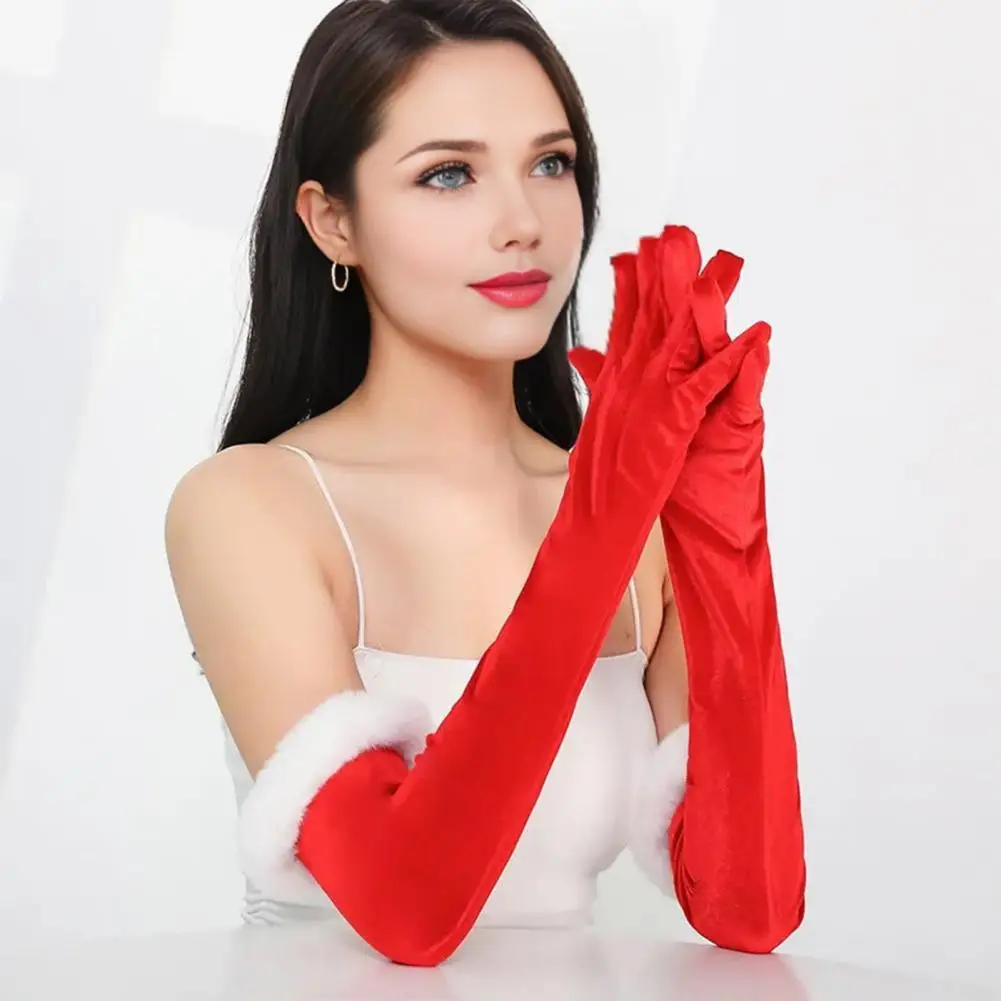 Faux Fur Trim Gloves Winter Wedding Gloves Velvet Long Gloves for Women Elbow-length Formal Opera with Faux Fur Trim Halloween