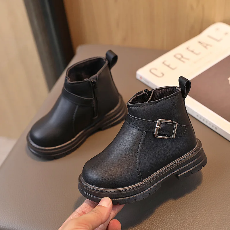 Children Short Boots for Girls Buckle Side Zipper Britain Style Versatile Boys Boots for Catwalk Spring New Drop Shipping Flats