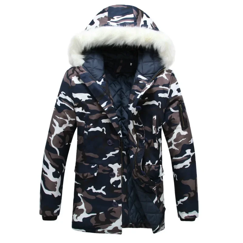 Autumn Winter Parkas Boys Couple Wear Camouflage Coat Plus Size Faux Fur Collar Long Cotton Coat Men Thick Parka Winter Overcoat